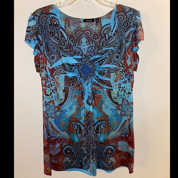 Apt. 9 Tops - APT 9 Print Top, V Neckline,  Cap Sleeve, Size Petite Medium, blue/brown